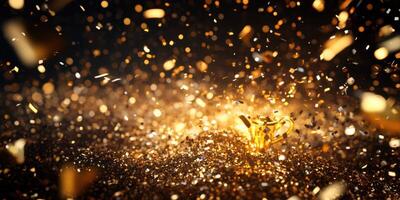 Celebration with golden confetti and trophies during a festive event in a dimly lit atmosphere photo