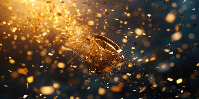 Golden cup surrounded by sparkling confetti, creating a festive atmosphere at a celebration event photo