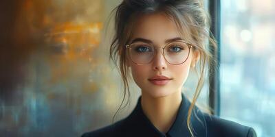 Young woman with glasses poses elegantly near window in a modern indoor setting in soft lighting photo