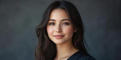 Portrait of a young woman with long dark hair against a neutral background photo