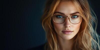 Young woman with glasses gazes intently at the camera in a softly lit indoor setting during evening hours photo