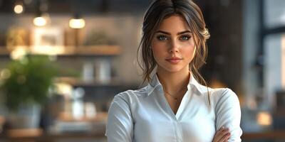 Young woman with graceful confidence poses in a contemporary cafe during daylight hours surrounded by a warm ambiance photo