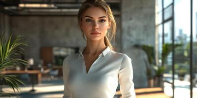 Business professional posing in modern office space with natural lighting during daytime photo