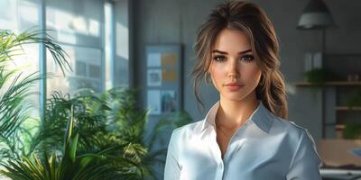 Young professional woman standing confidently in a modern office with plants and natural light on a sunny day photo