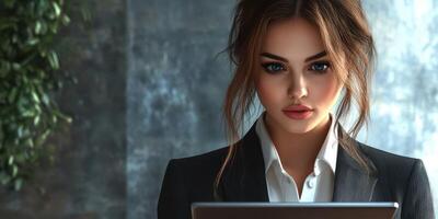 Businesswoman focused on tablet in modern office during daytime photo