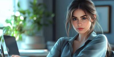 Portrait of a young woman working in a modern office setting during daylight hours photo