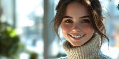 Smiling woman with long hair in cozy sweater poses warmly at sunlit indoor space with plants in background photo
