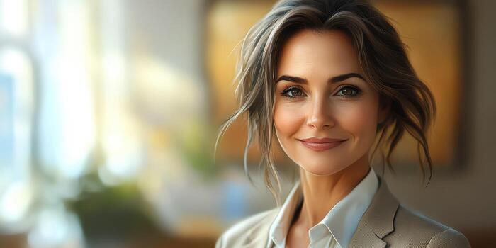 confidente mujer de negocios posando adentro en un profesional ajuste durante luz foto