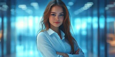 Confident businesswoman posing in modern office during daylight photo