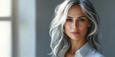 Elegant woman with silver hair poses confidently in softly lit indoor setting during the afternoon photo