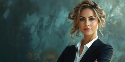 Confident businesswoman standing against a textured background in a professional setting during daytime photo