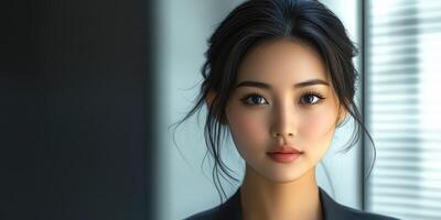 Portrait of a young woman in professional attire with a calm expression in a modern office setting at midday photo