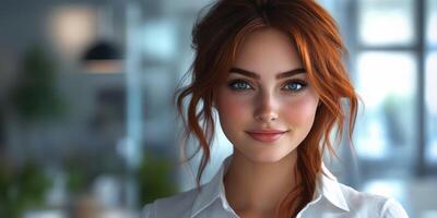 Young woman with long red hair smiling confidently in a bright office setting during daytime photo