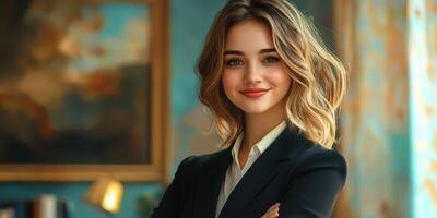 Confident young woman smiling in a stylish office environment with elegant decor photo