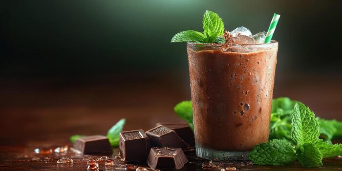 Refreshing chocolate mint drink with ice and mint leaves on a wooden table photo