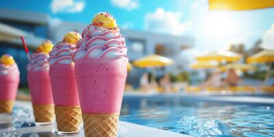 Colorful ice cream cones by the poolside on a sunny day with bright umbrellas and water reflections photo