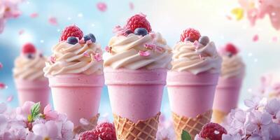 Pink ice cream cones topped with berries and cream surrounded by flower petals in a bright setting photo