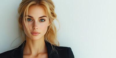 Young woman with blonde hair and striking blue eyes poses confidently against a minimalist backdrop photo