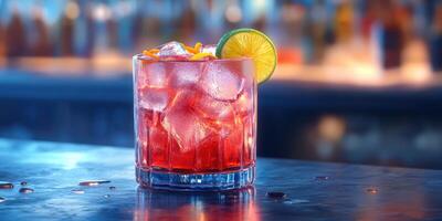 Refreshing cocktail garnished with lime and citrus served in a bar setting during evening hours photo