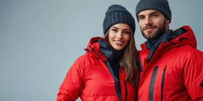Couple in warm red jackets posing together against a plain background during a winter outing photo