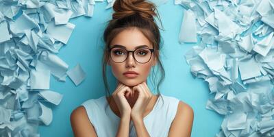 Young woman in glasses posing amidst crumpled paper on a blue backdrop, showcasing thoughtful expression photo