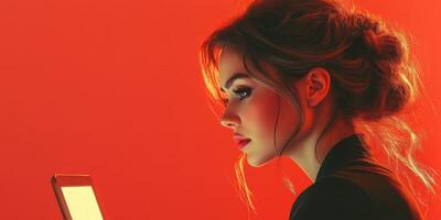 Young woman studying on a phone while sitting against a red background during evening hours photo