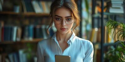 Young woman in library using smartphone while wearing glasses and a button-up shirt during afternoon photo