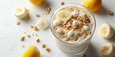 Delicious banana and lemon dessert with granola served in a clear glass bowl on a light background photo