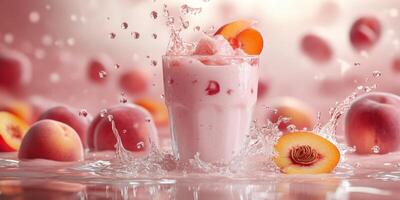 Refreshing peach smoothie splashes in a glass surrounded by fresh peaches on a bright background photo