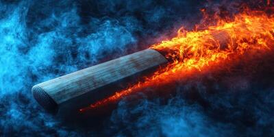 Flaming baseball bat surrounded by smoke in a dark environment during nighttime photo