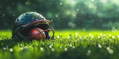 Football helmet and ball resting on lush green grass during a sunny day photo