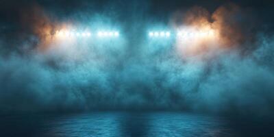 Dramatic stage lighting creates an atmospheric effect in a performance setting with smoke and vibrant colors at nighttime photo