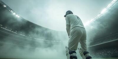 Cricket player prepares for the match in a foggy stadium during an evening game at a renowned cricket ground photo