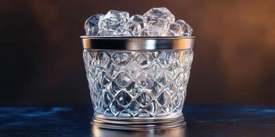 Crystal ice bucket filled with clear ice cubes illuminated by soft light in an elegant setting photo