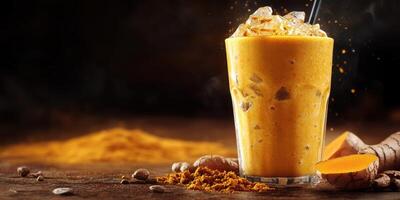 Refreshing turmeric drink served in a glass with ice on a wooden table adorned with turmeric roots and powder photo