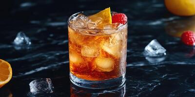 Refreshing cocktail served on dark marble surface with citrus fruit and berries photo