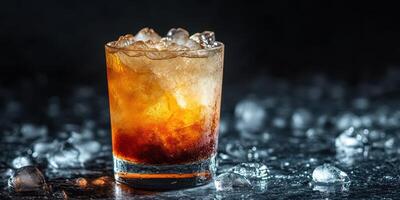 Refreshing cocktail served in a glass with ice on a dark surface during evening hours photo