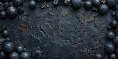 Dark textured surface with spherical stones arranged around a central area photo