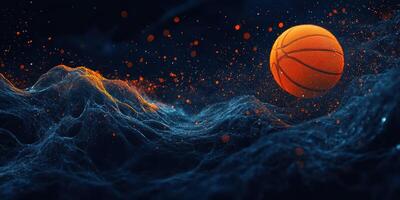 Dynamic basketball soaring through a vivid splash of color against a dark background photo