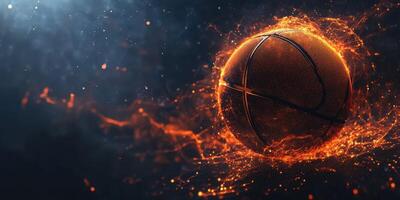 A basketball in motion surrounded by bright sparks and glowing particles in a dark setting during a dynamic sports event photo