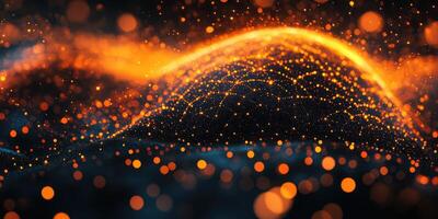 Glowing particles create a mesmerizing display of light and texture across a dark landscape at night photo
