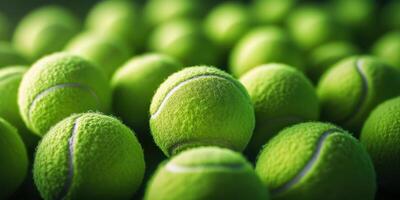 Bright green tennis balls arranged closely on a surface, showcasing their texture and vibrant color photo