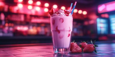Delicious strawberry milkshake in a vibrant bar setting with neon lights photo