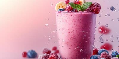 Bright smoothie loaded with fruits splashing in a glass with fresh berries at a summer gathering photo