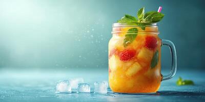Refreshing fruit cocktail in a glass jar with mint and ice on a blue background photo