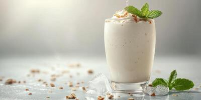 Refreshing mint dessert beverage served in a tall glass on a light backdrop with crushed ice photo