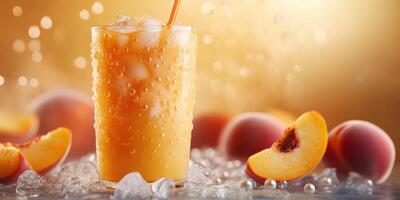 Refreshing peach drink with ice and fresh peaches on a summer day in a bright setting photo