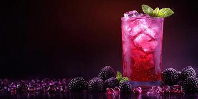 Refreshing berry beverage served with mint leaves and ice on a dark background photo