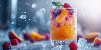Refreshing summer cocktail with fresh fruits and ice in a lively setting photo