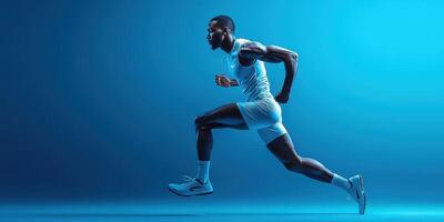 Athlete in motion sprinting across a blue-lit space demonstrating speed and power photo